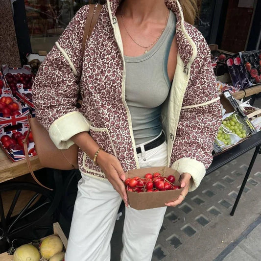 Flower Print Jackets for Pocket Slim Coat Clothes Street Autumn Cardigan Female New Outerwear