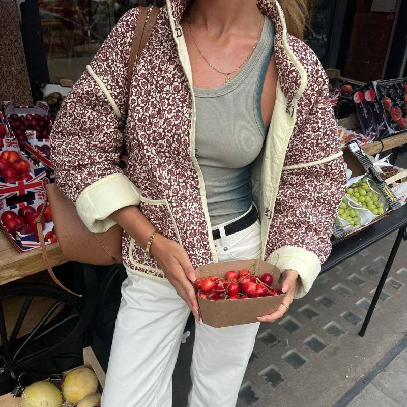 Flower Print Jackets for Pocket Slim Coat Clothes Street Autumn Cardigan Female New Outerwear