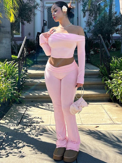 Folds Long Pant Sets Winter Bodycon Off Shoulders Short Pullover Femme High Waist Pants 2 Piece Suit Outfits