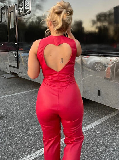 Heart Hollow Sleeveless Denim Jumpsuit Summer Backless Bodycon Overalls for Woman Slim Monos Mujer Elegante