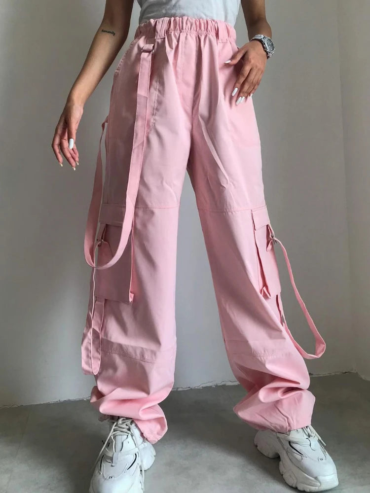 High Waist Cargo Pants Pocket Loose Pink Baggy Sweatwear Female Autumn Winter Sweatpants Woman