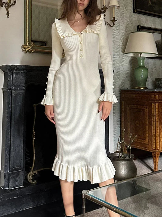 High Waist Ruffled Maxi Dresses for Autumn Winter Knitted Slim Long Dress ’s Dress Woman Retro