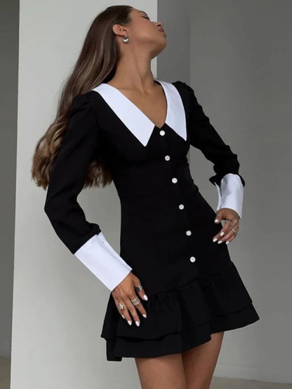 High Waist ’s Evening Dress Retro Splice Long Sleeve Turn Collar Folds Mini Dress Woman Party Wedding Dresses