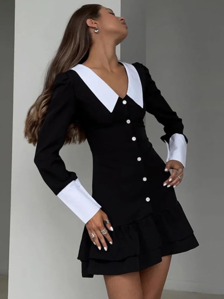 High Waist ’s Evening Dress Retro Splice Long Sleeve Turn Collar Folds Mini Dress Woman Party Wedding Dresses