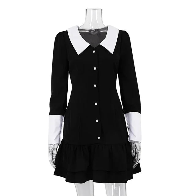 High Waist ’s Evening Dress Retro Splice Long Sleeve Turn Collar Folds Mini Dress Woman Party Wedding Dresses