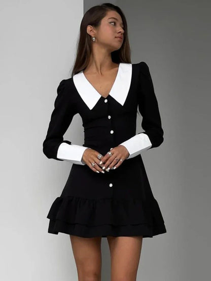 High Waist ’s Evening Dress Retro Splice Long Sleeve Turn Collar Folds Mini Dress Woman Party Wedding Dresses