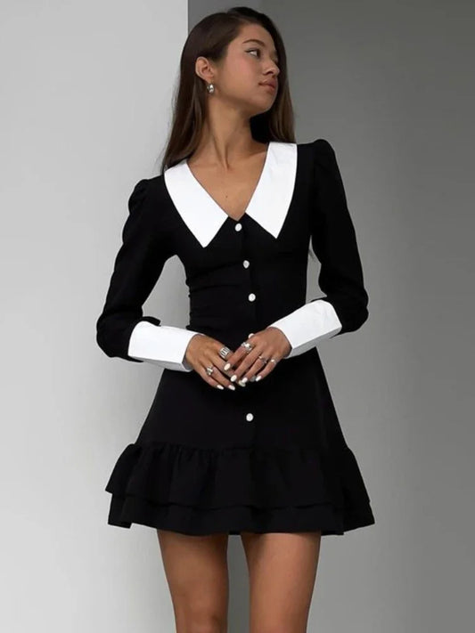 High Waist ’s Evening Dress Retro Splice Long Sleeve Turn Collar Folds Mini Dress Woman Party Wedding Dresses