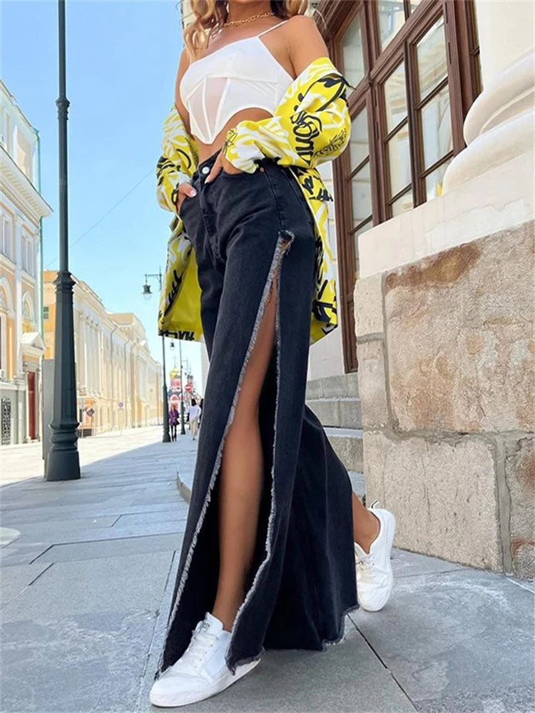 High Waisted Side Split Out Jeans Loose Cargo Black Pants Summer Wide Leg Long Baggy Y2k Jeans