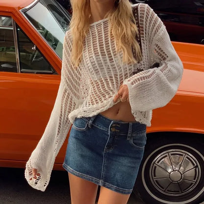 Hollow Out Pullover Pullover Oversize Kniited Long Sleeve Sweater Femme Beach Knitwear Cover-up