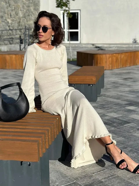Knitted Backless Long Dress for Ruffled Lace Up High Waist Maxi Dresses Femme Party Bandage Dress