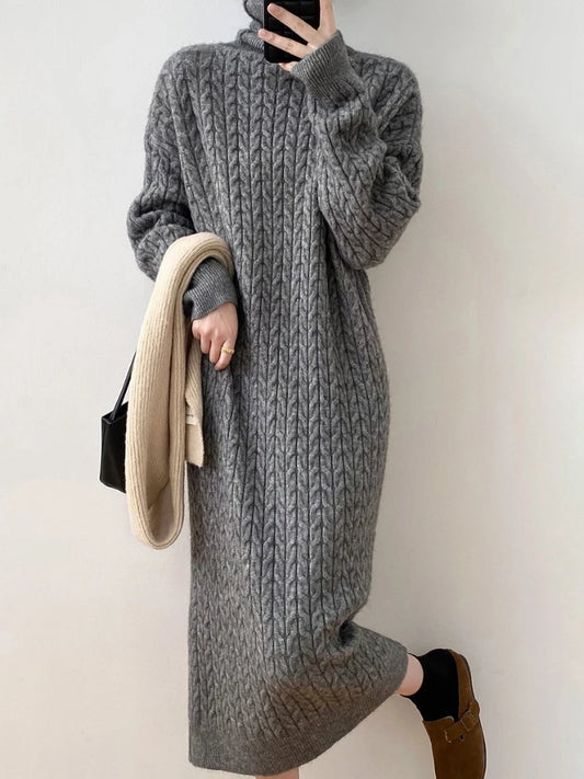 Knitted Long Dress Loose Long Sleeve Turtleneck Pullover Femme Retro Warm Sweater Knitwear Cover Up