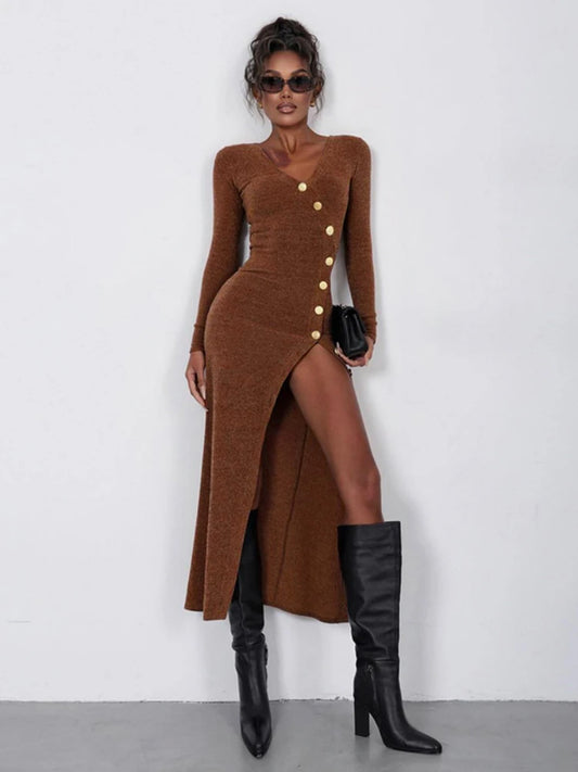 Knitted Maxi Dress for Slit Slim Long Sleeve Buttons Dresses Knitwear Party Retro Dress Lady New