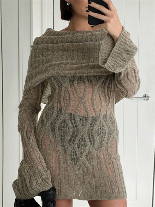 Knitted Mini Dress for Slim Rib High Waist Flare Sleeve Dresses Femme Autumn Winter Bodycon Dress Woman