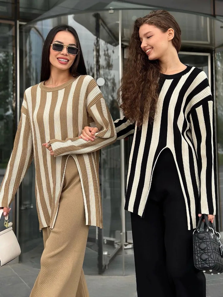 Knitted Side Slits Sweater Autumn Loose High Waist Long Pants ’s Pullover 2 Piece Suits Outfits