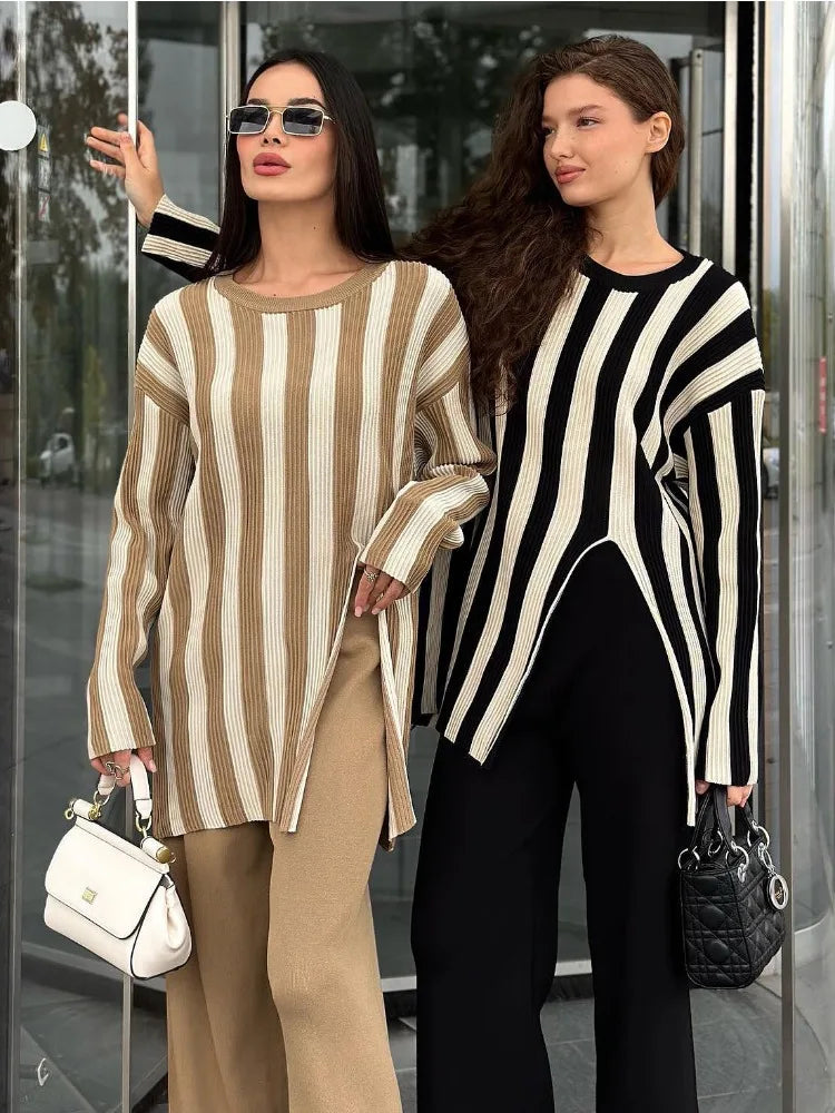 Knitted Side Slits Sweater Autumn Loose High Waist Long Pants ’s Pullover 2 Piece Suits Outfits