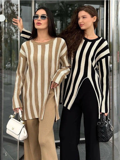 Knitted Side Slits Sweater Autumn Loose High Waist Long Pants ’s Pullover 2 Piece Suits Outfits