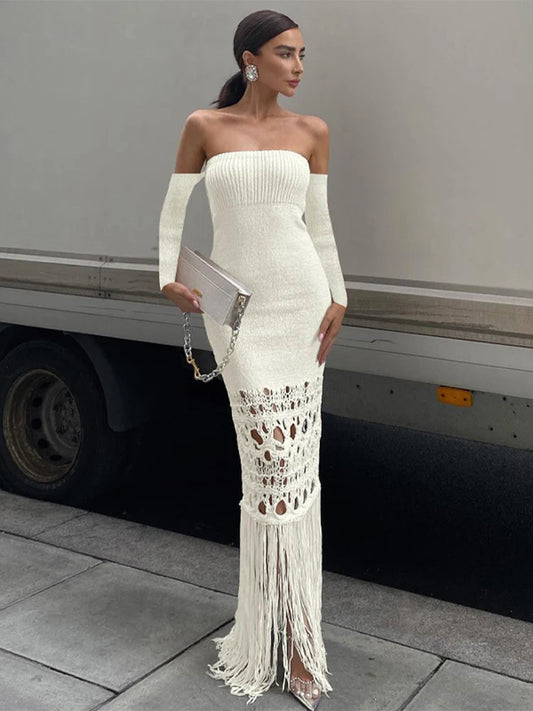 Knitted Tassel Maxi Dresses for Hollow Out Bodycon Dress ’s Off the Shoulders Evening Dress Woman