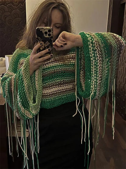 Tassel Contrast Holiday Sweater Pullovers for Loose Flared Sleeve Beach Knit Female Cover Up Pullover Crop Top