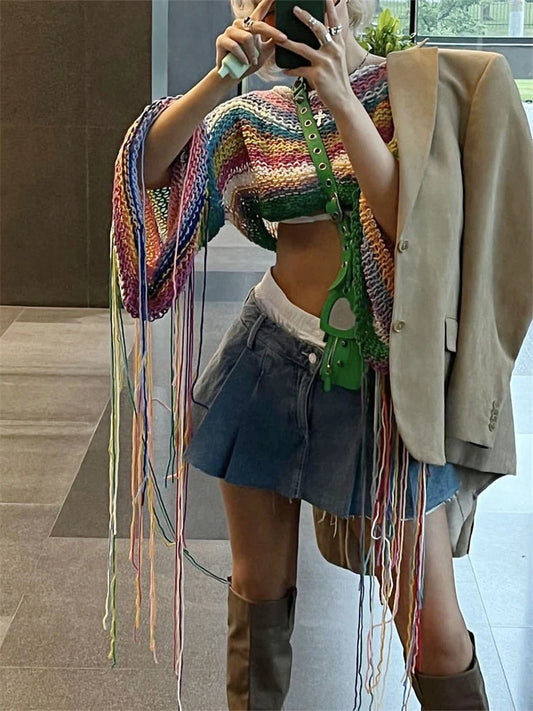 Knitted Tassels Cover Ups for Swimwear Loose Rainbow Shirt Sweater Holiday Crop Pullover Femme