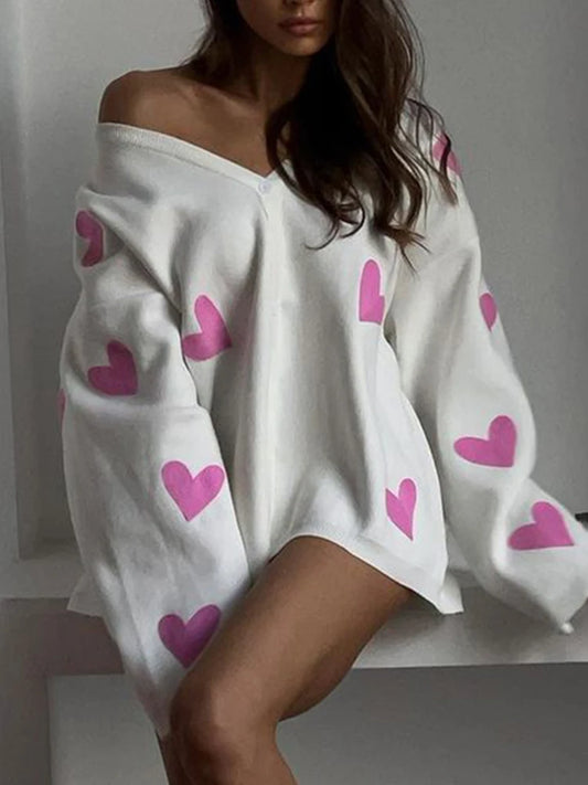 Knitted Cardigan Long Sleeve Loose Deep V Neck Sweater ’s Embroidery Heart Autumn Coat New