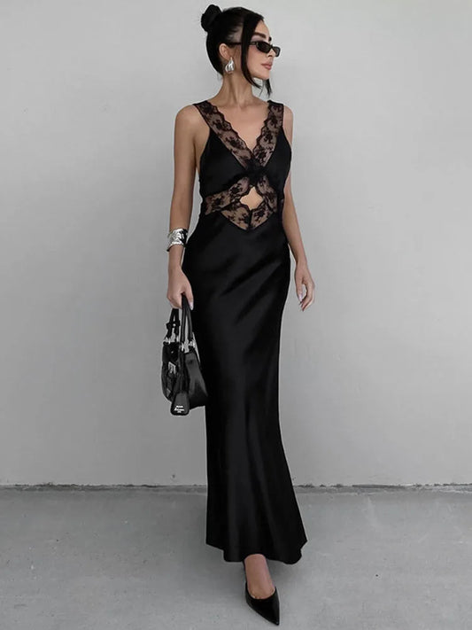 Lace Slim Maxi Dresses for Clothing Deep V Neck High Wasit Long Dress Party Evening Dress Woman