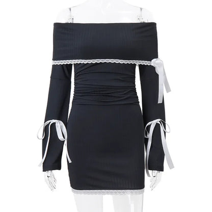 Lace Splice Mini Dress for Bandage Off the Shoulders Slim Ribbing Dresses Bodycon Dress Woman