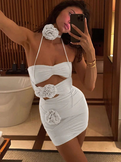 Lace Up Flower Dress for Njght Hollow Out Summer Mini Dresses Woman Slim Party Backless Dress ’s Clothing
