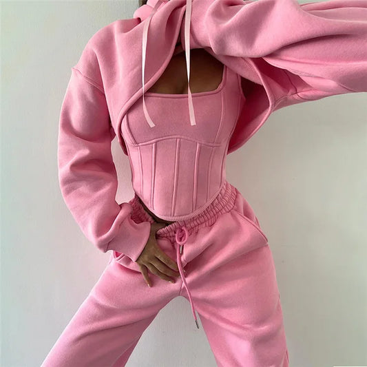 Lace Up Pants Sets Slim Splice Tank Tops Woman Long Sleeve Short Hoodies and Pant Suits Outfits Winter