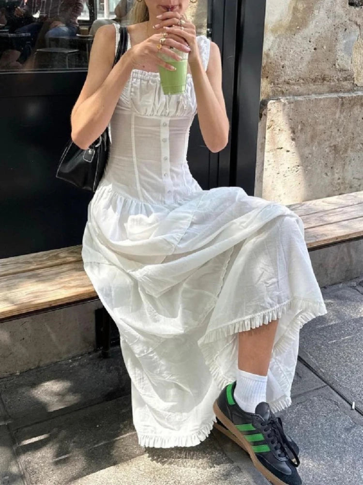 Lace Up Slim Maxi Dresses for High Waist Corset Dress Whitewedding Holiday Folds Dress Woman