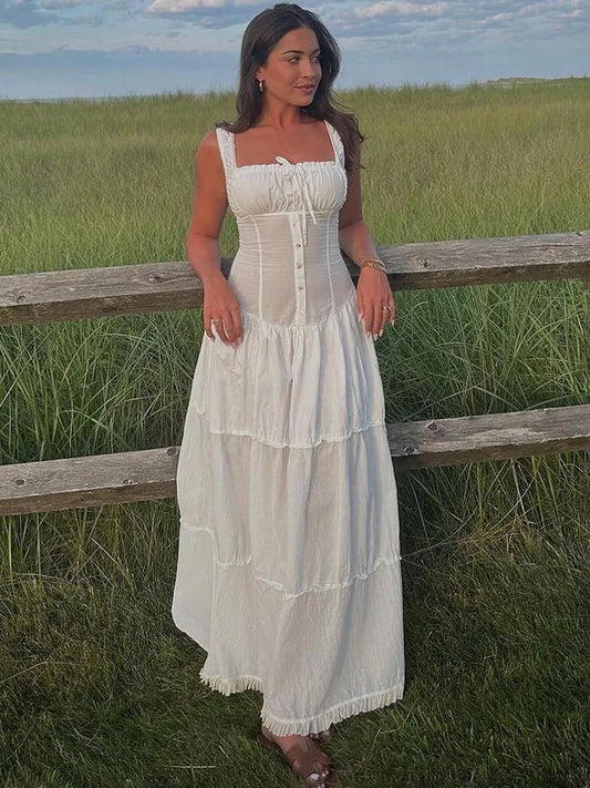 Lace Up Slim Maxi Dresses for High Waist Corset Dress Whitewedding Holiday Folds Dress Woman