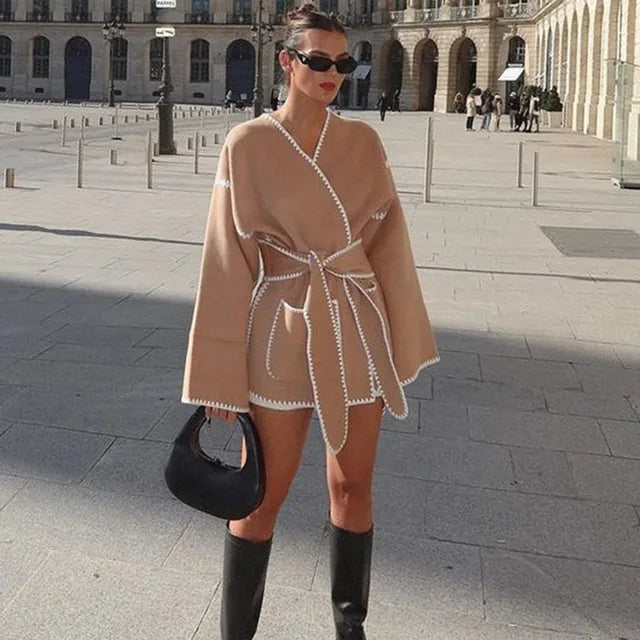 Lace Up Coat Winter Long Sleeve Deep V Nekc Femme Jackets Autumn Slim ’s Tweed Jacket New