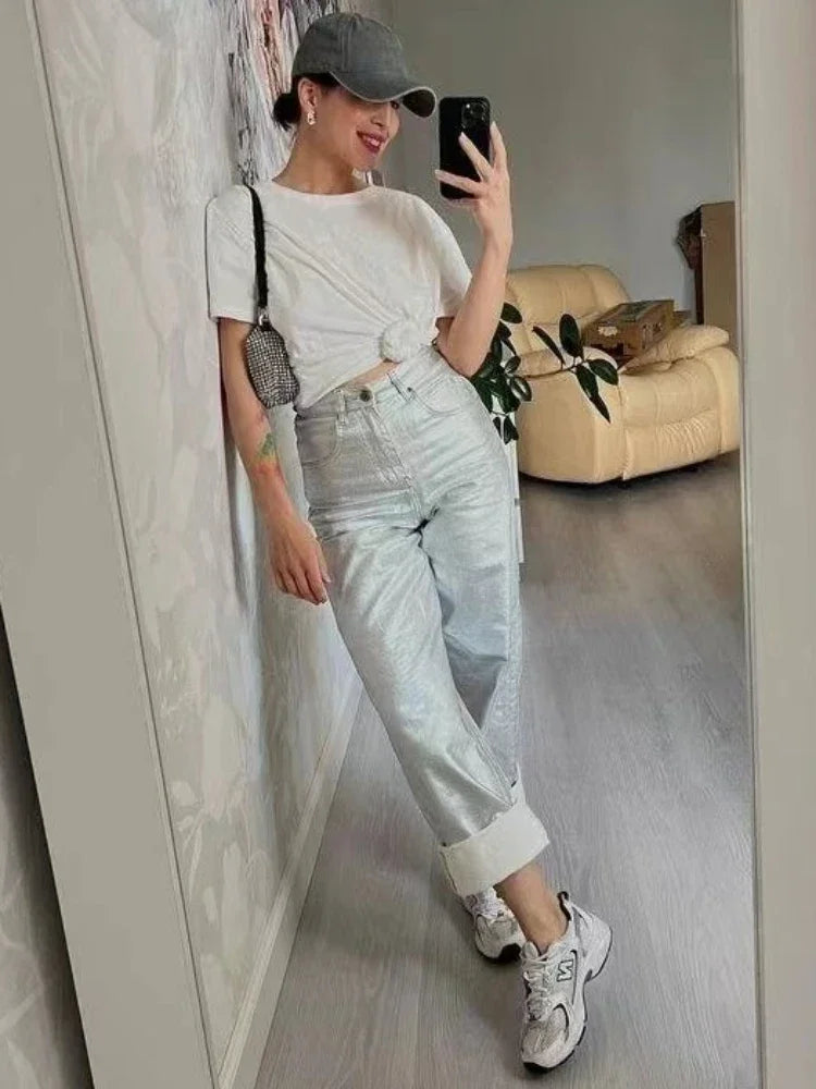 Loose Pu Pants High Waist Pockets Woman Autumn Winter New Baggy Bottoms Femme