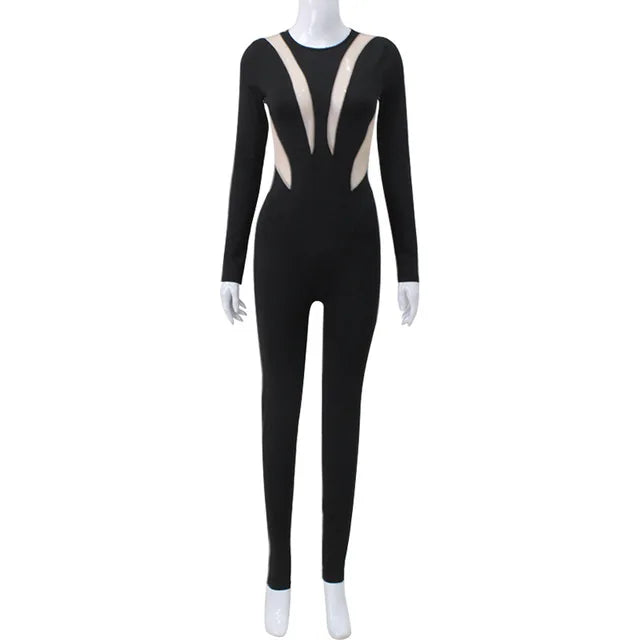 Mesh Stitching Jumpsuit Long Sleeve Bodycon One Piece See Through Monos Mujer Elegante Club ’s Playsuit