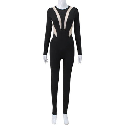 Mesh Stitching Jumpsuit Long Sleeve Bodycon One Piece See Through Monos Mujer Elegante Club ’s Playsuit