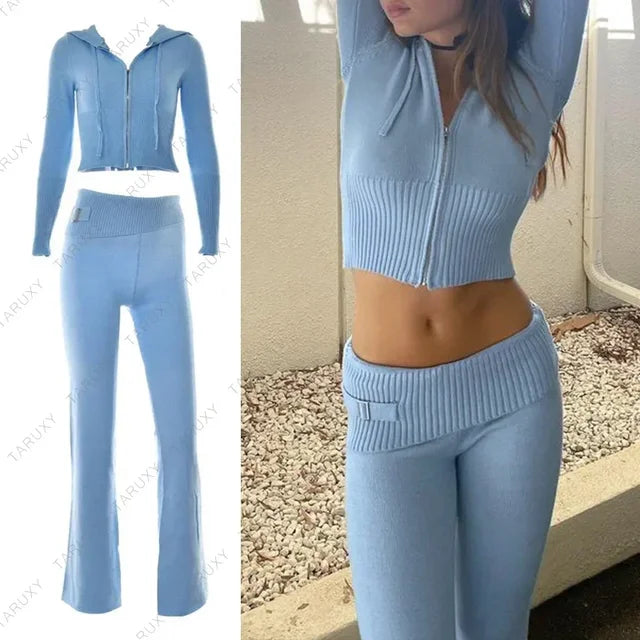 New Knitted Hoodie Cropped Top and Pants Sets White Y2k Outfits Low Waist Knit Two Piece Sets for Tracksuit