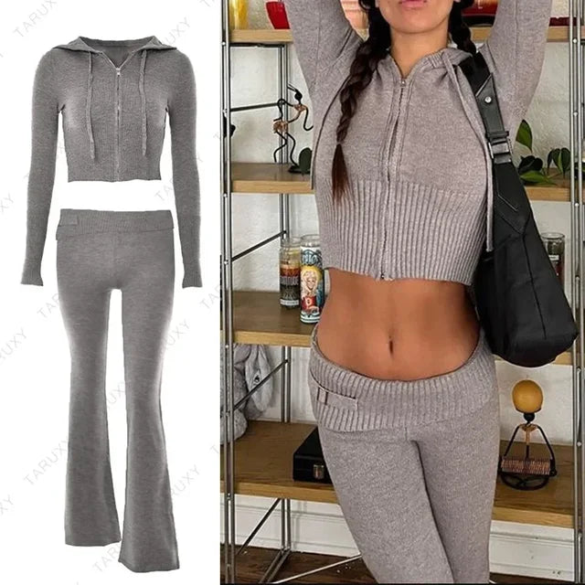 New Knitted Hoodie Cropped Top and Pants Sets White Y2k Outfits Low Waist Knit Two Piece Sets for Tracksuit