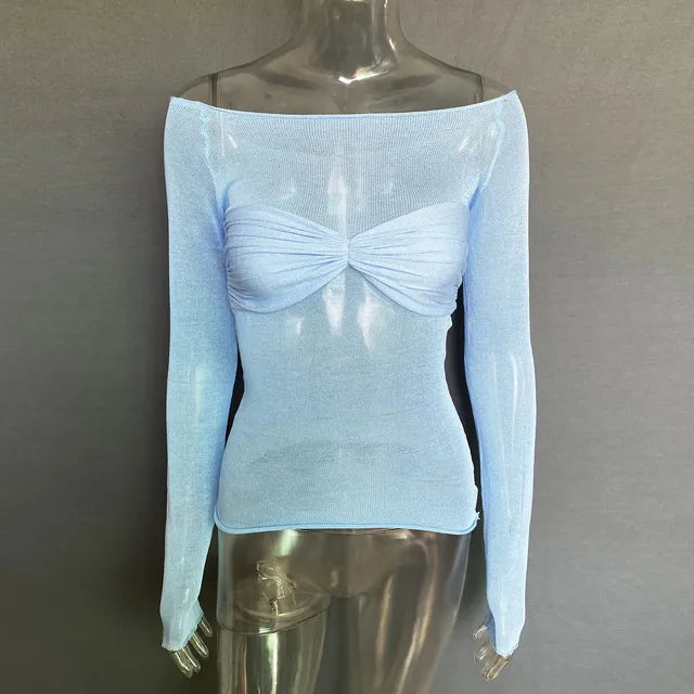 Off Shoulder Knit Sheer Tops for Summer White Lace Twist T-shirt Femme Long Sleeve Mesh Tops See-through Knitted