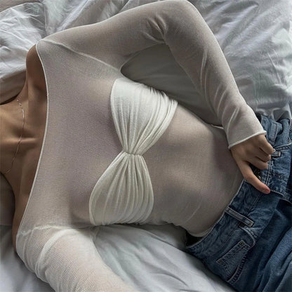 Off Shoulder Knit Sheer Tops for Summer White Lace Twist T-shirt Femme Long Sleeve Mesh Tops See-through Knitted