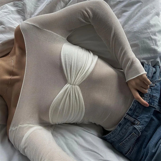 Off Shoulder Knit Sheer Tops for Summer White Lace Twist T-shirt Femme Long Sleeve Mesh Tops See-through Knitted
