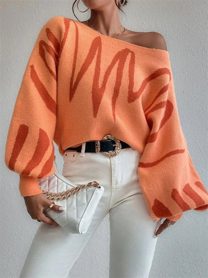 Off Shoulder Sweater for Batwing Sleeve Pullover Knit Loose Jumper Tops Art Printed Spring New Oversized Sweaters