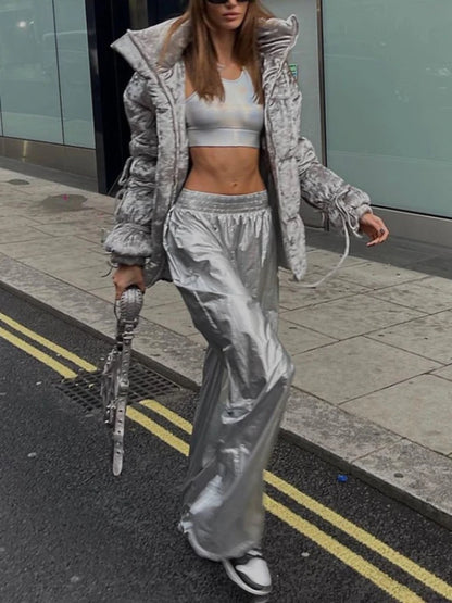 Pu Silver Pants Autumn Winter High Waist Loose Wide Leg Pant Femme Party Club Woman