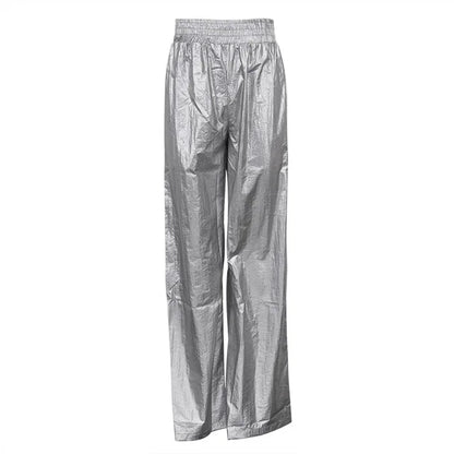 Pu Silver Pants Autumn Winter High Waist Loose Wide Leg Pant Femme Party Club Woman