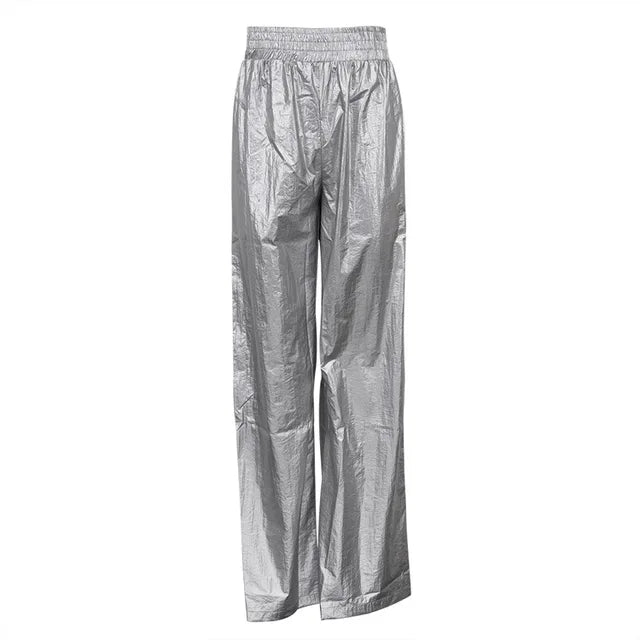 Pu Silver Pants Autumn Winter High Waist Loose Wide Leg Pant Femme Party Club Woman