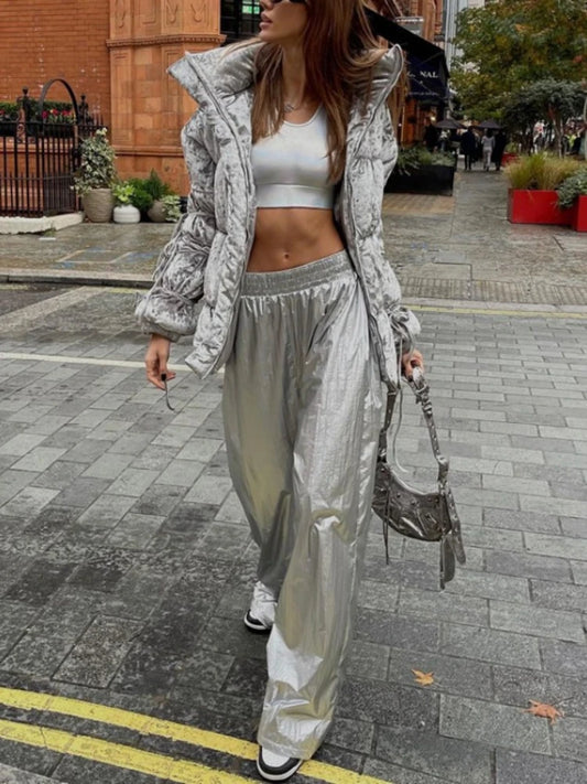 Pu Silver Pants Autumn Winter High Waist Loose Wide Leg Pant Femme Party Club Woman