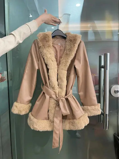 Pu Splice Fur Collar Wrap Coat for Lace Up Slim Long Sleeve Coat Woman Winter Street Jacket ’s Clothes