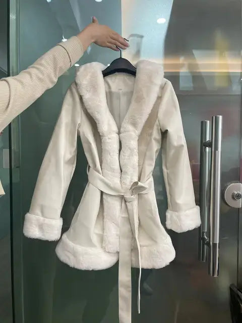 Pu Splice Fur Collar Wrap Coat for Lace Up Slim Long Sleeve Coat Woman Winter Street Jacket ’s Clothes