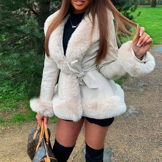 Pu Splice Fur Collar Wrap Coat for Lace Up Slim Long Sleeve Coat Woman Winter Street Jacket ’s Clothes