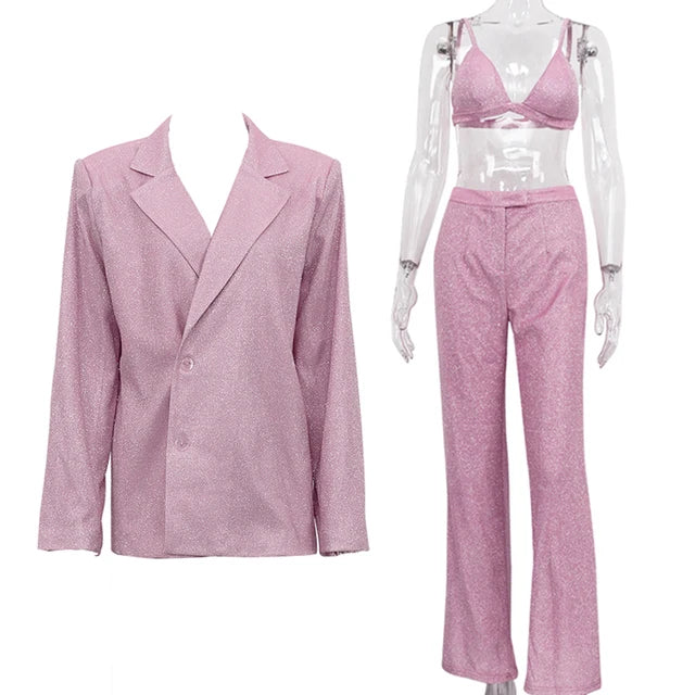 Party Sliver Glitter Three Piece Blazer Sets for Clubwear Sparkly Bra and Pants 2 Piece Mathcing Set New