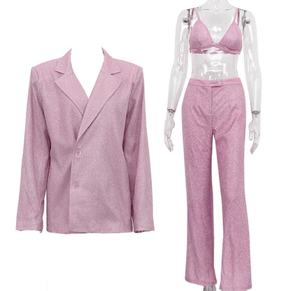 Party Sliver Glitter Three Piece Blazer Sets for Clubwear Sparkly Bra and Pants 2 Piece Mathcing Set New