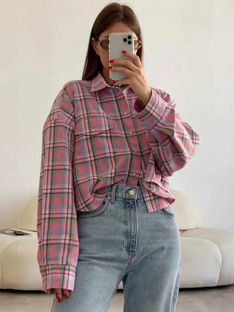 Plaid Blouse Pink Retro Loose Long Sleeve Tops Autumn Trun Down Cotton Shirts Autumn